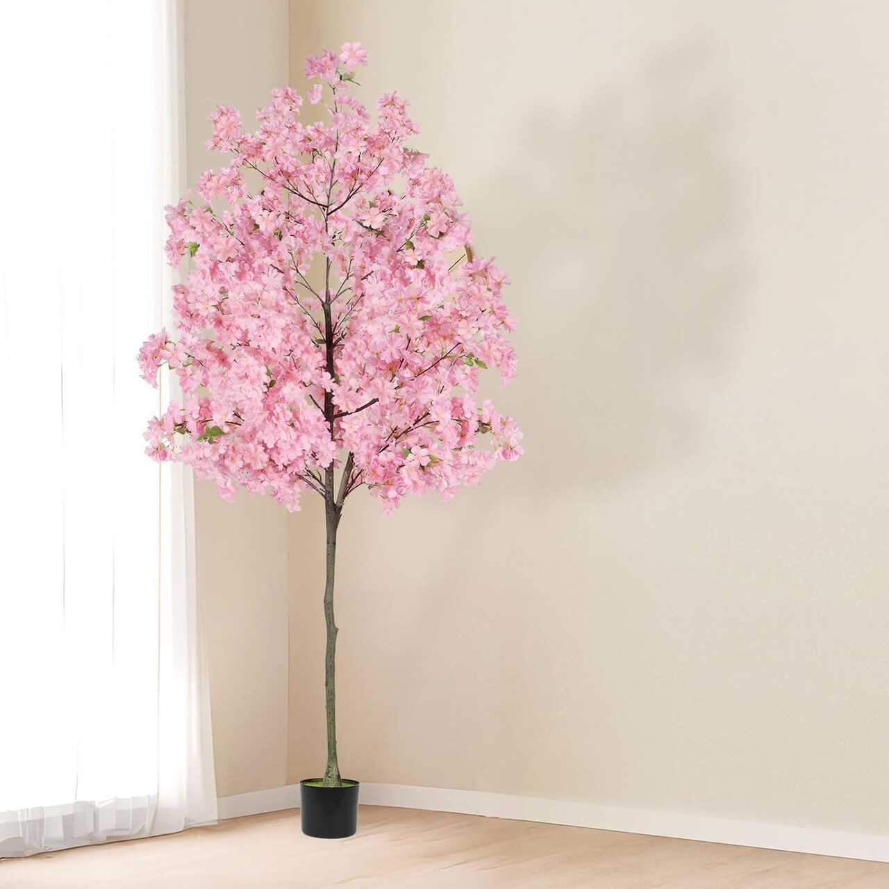 6FT Tall Cherry Blossom Artificial Tree with Realistic Pink Flowers & Green Leaves, Faux Silk Plant in Nursery Pot - Indoor/Outdoor Decor, Maintenance-Free